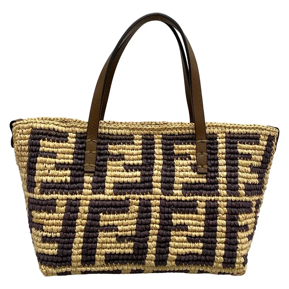 Fendi Roll Mini, Zucca Pattern Handbag 8BS096 Beige Dark Brown Straw Leather